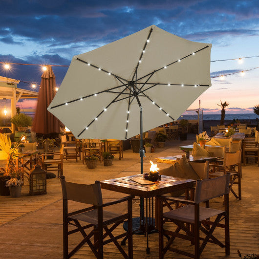 10' Solar LED Lighted Patio Market Umbrella Shade Tilt Adjustment Crank-Tan