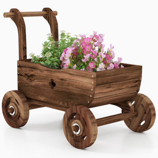 Decorative Wooden Wagon Cart with Handle Wheels and Drainage Hole-Rustic Brown