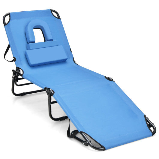 Beach Chaise Lounge Chair with Face Hole and Removable Pillow-Blue
