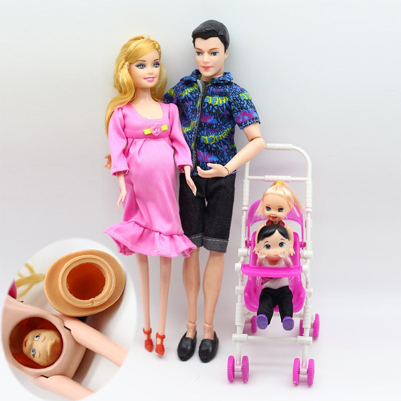 Happy Family Dolls 6pcs Ken & Wife Pregnant With Mini Baby Stroller For Girls Toys And Gift