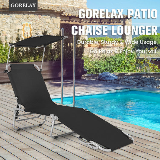 Adjustable Outdoor Beach Patio Pool Recliner with Sun Shade-Black