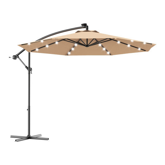 10 Feet Patio Hanging Solar LED Umbrella Sun Shade with Cross Base-Beige