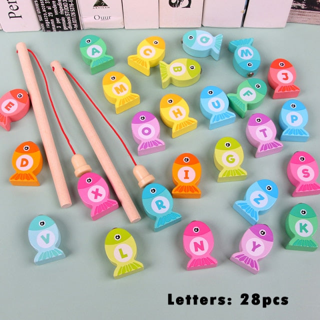 Baby Wooden Fishing Learning Alphanumeric Toys Preschool Montessori Education Cognition Color Letter Digital Fishing Games Toys
