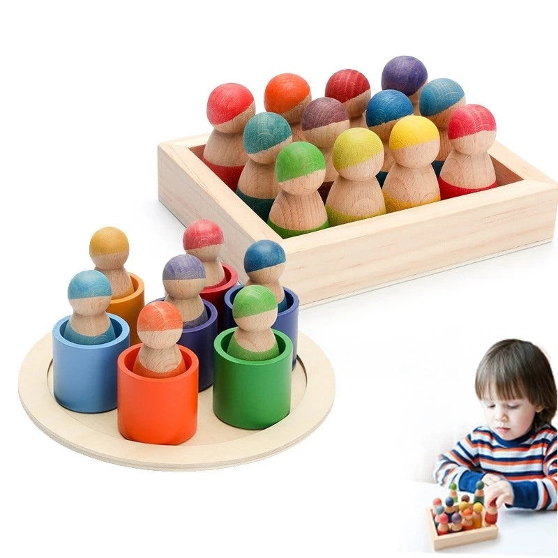 1Set Baby Wooden Rainbow Friends Peg Dolls Toy Montessori Arch Pretend Play People Figures for Kids Wooden Toys Gifts Game