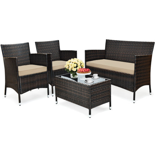 4 Pieces Comfortable Outdoor Rattan Sofa Set with Glass Coffee Table-Light Brown